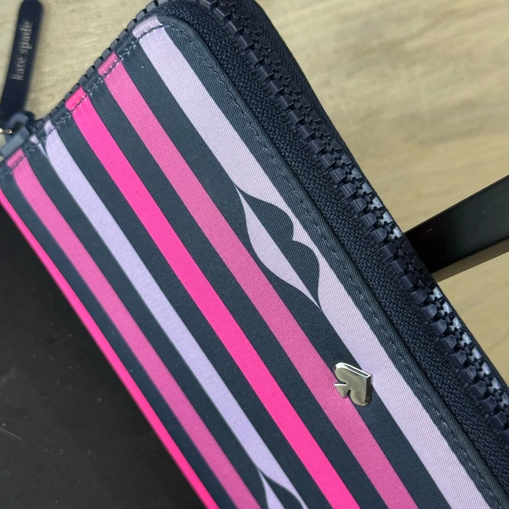 Kate Spade Lips Pink & Purple Striped Zip-Around Wallet-NWOT